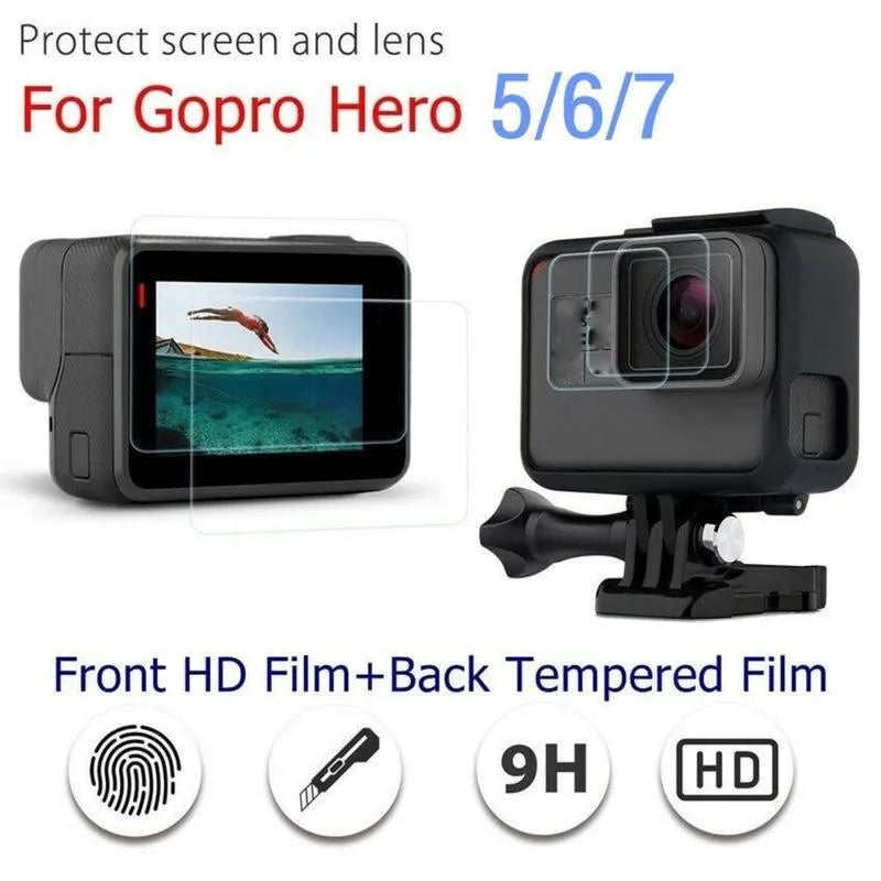 GoPro Hero camera with transparent tempered glass lens and LCD screen protectors applied.