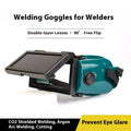Light-changing electric welding glasses head-mounted type in green with flip dimmer and protective films