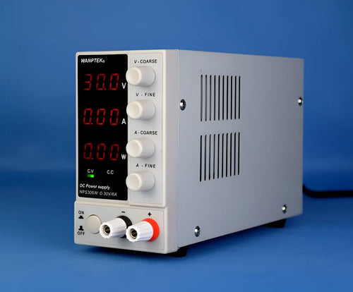 White adjustable DC power supply unit with digital display, model S605W, for electronics repair.