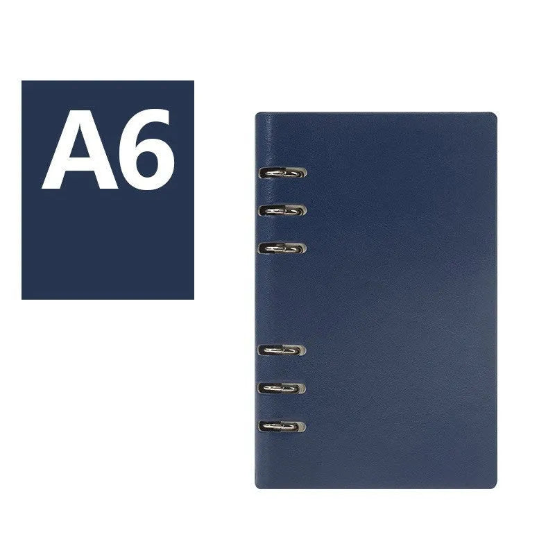 Imitation leather loose-leaf notebook in red, shown open, with A5, A6, and B5 size options.