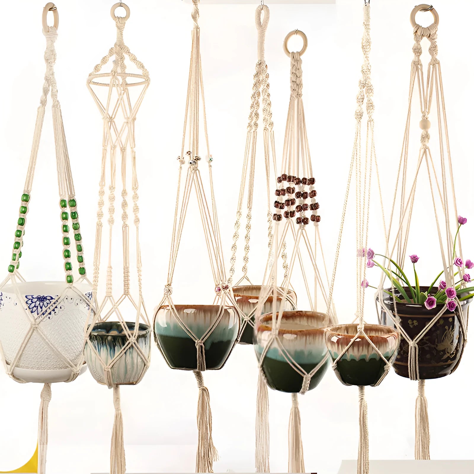 Woven wire plant basket holder with cotton rope construction in desktop and wall hanging styles