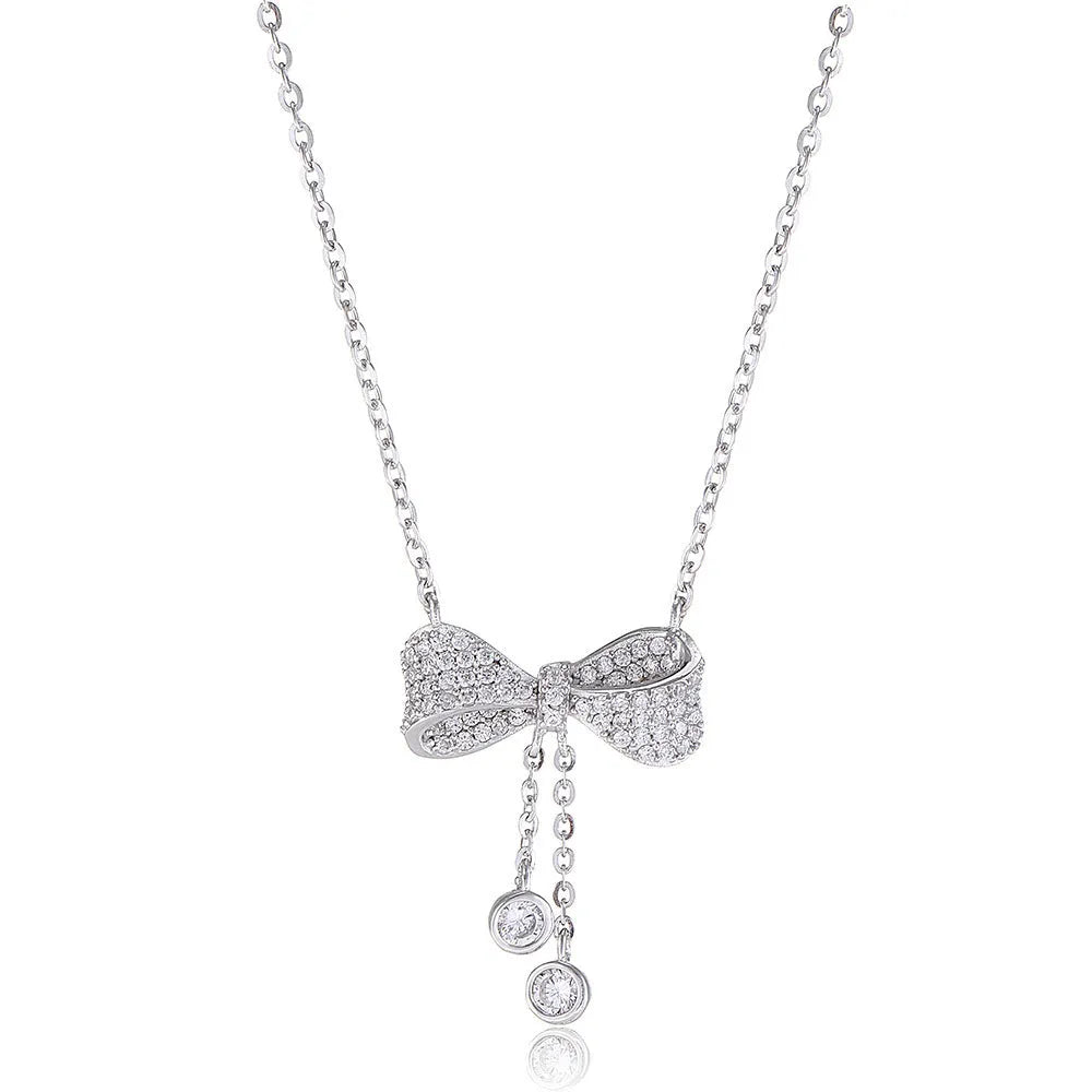 S925 sterling silver bow pendant necklace on woman with adjustable 40-45cm clavicle chain
