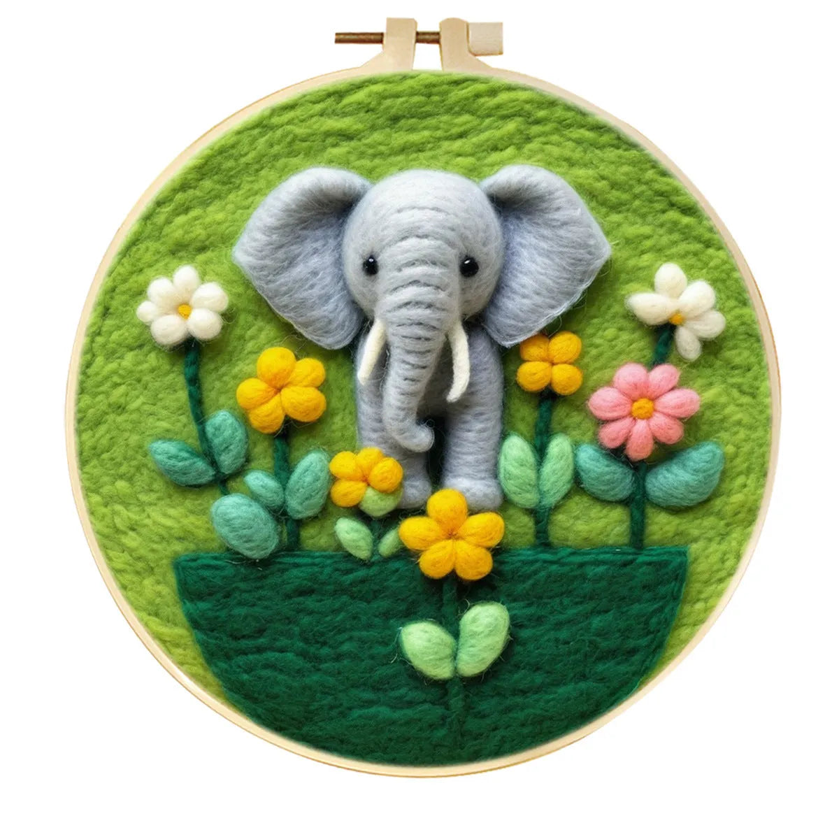 Round linen embroidery kit with wool felt pieces for 3D flowers and leaves, includes a free frame.