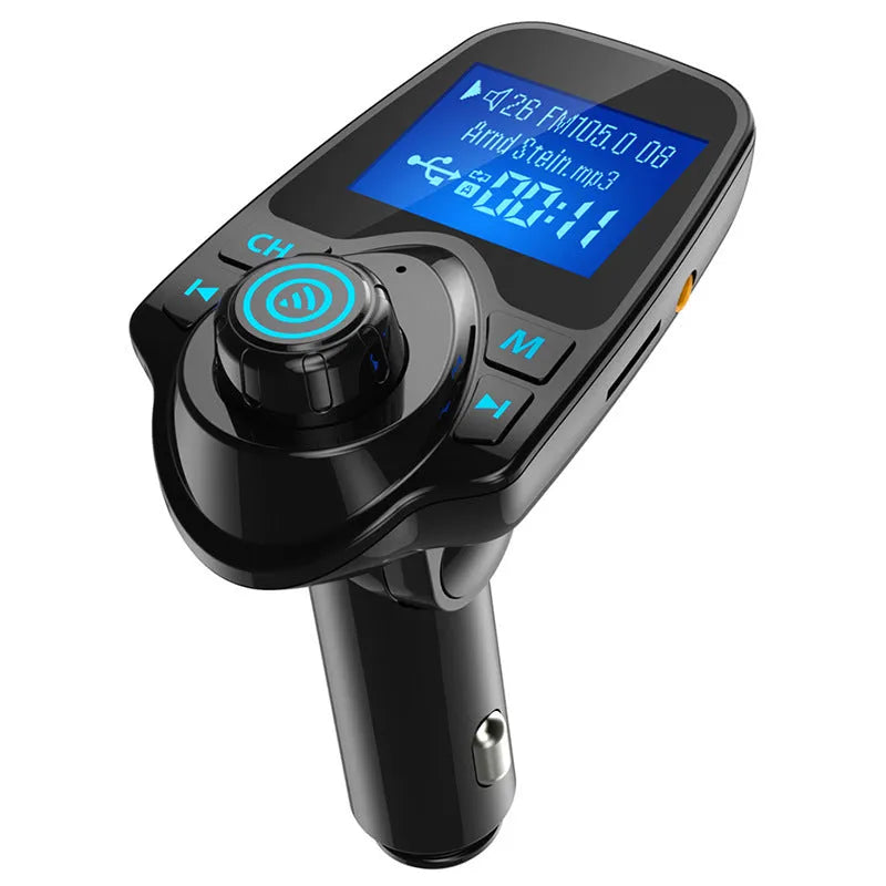 Black G7 Car Bluetooth FM Transmitter with USB port and TF card slot for hands-free calls and music streaming.