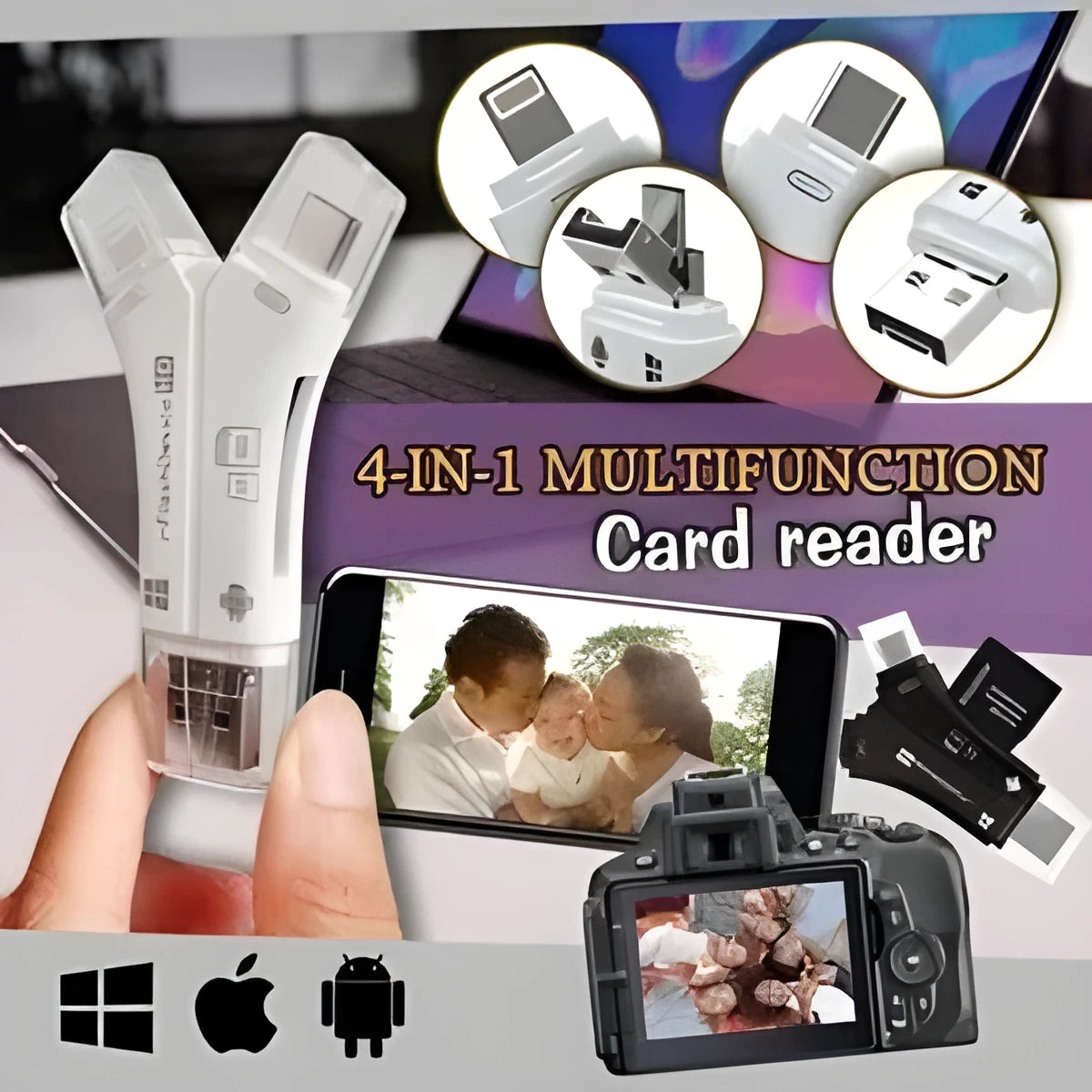 White black gold multi-interface card reader for Apple Android devices with SD Micro SD slots