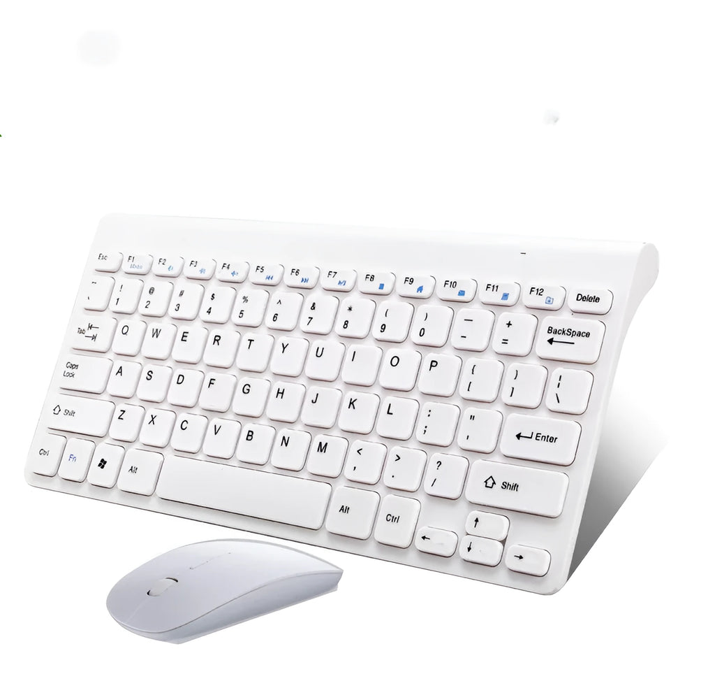 Black and white wireless keyboard and mouse set with USB receiver on wooden desk