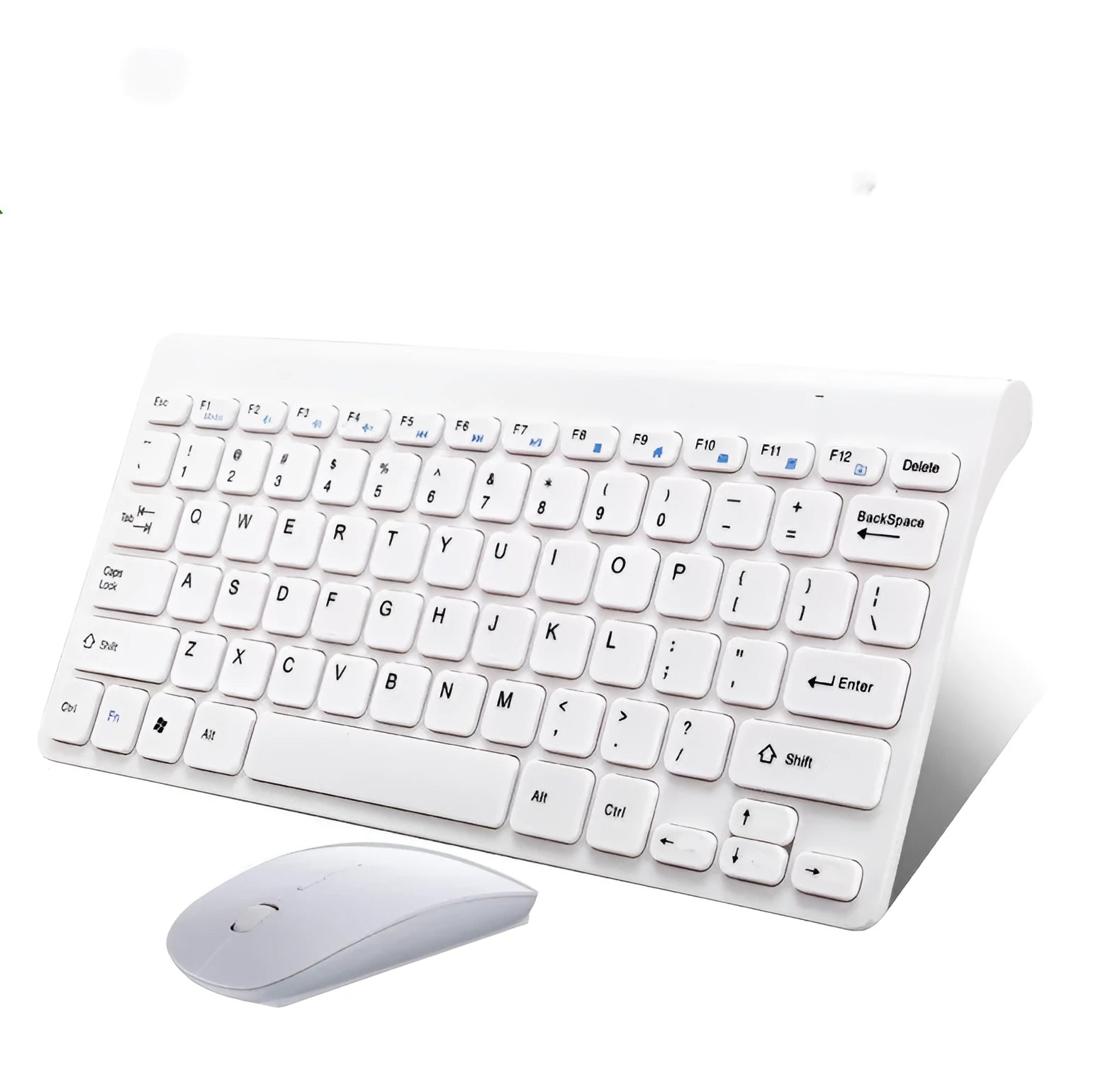 Black and white wireless keyboard and mouse set with USB receiver on wooden desk