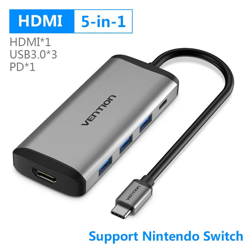 Deep grey USB-C to HDMI, USB 3.0, Ethernet, and card reader multi-port adapter with aluminium construction