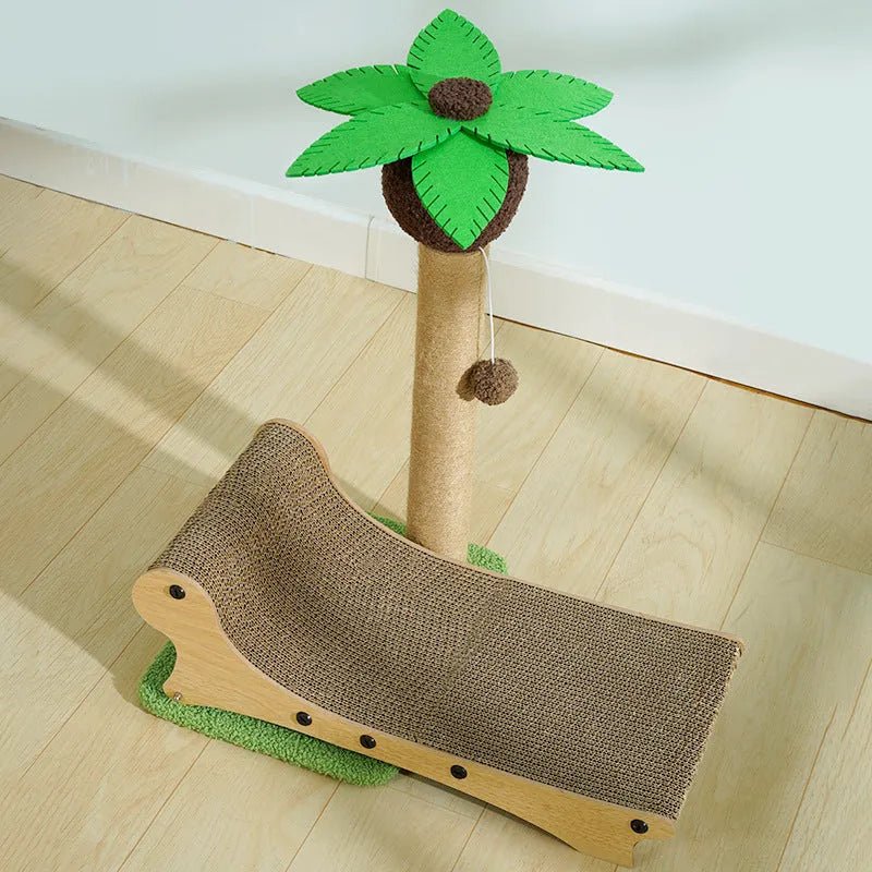 Wooden beach chair-style cat climbing frame with integrated nest, scratch board, and hemp mat