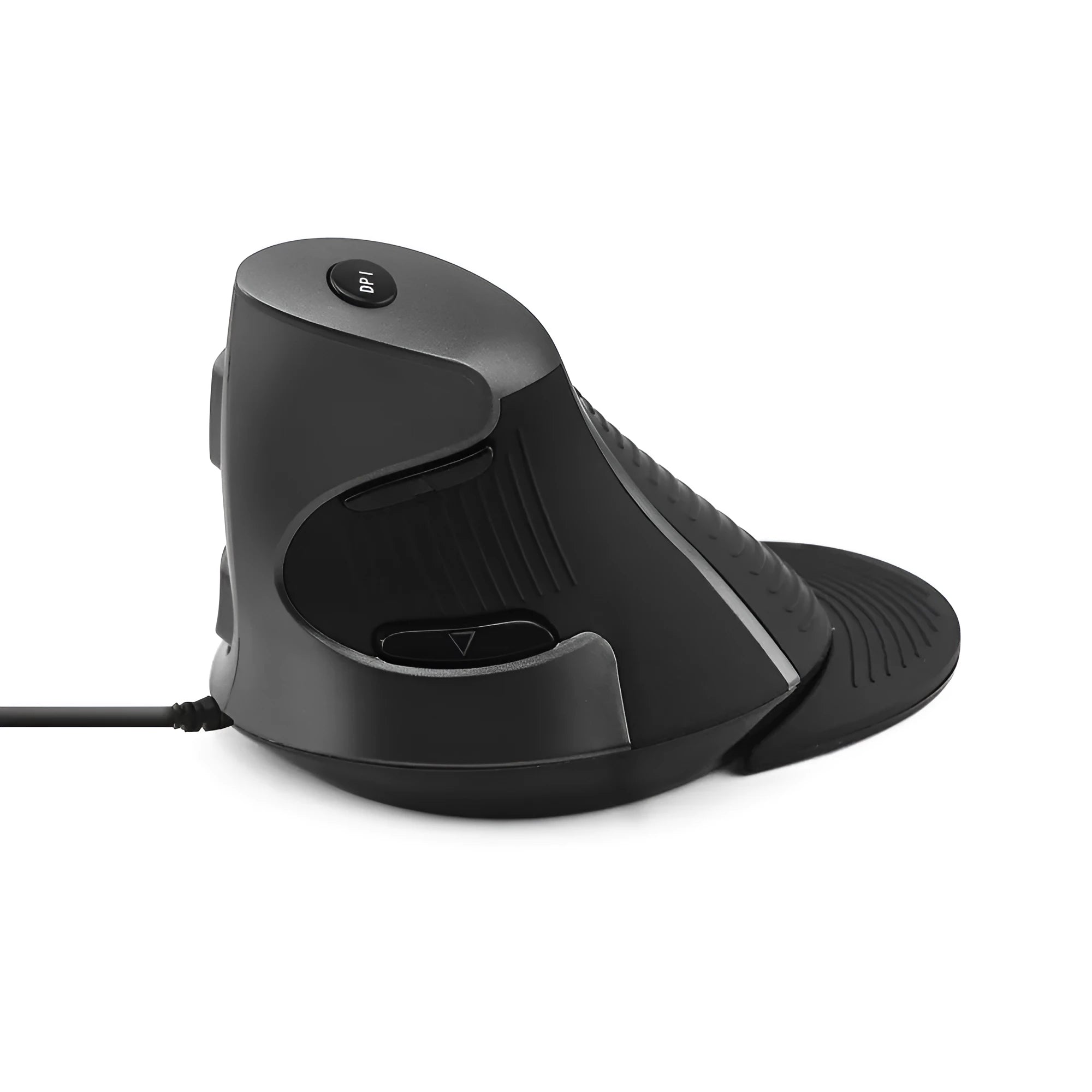 Black ergonomic vertical computer mouse showing upright design and USB cable