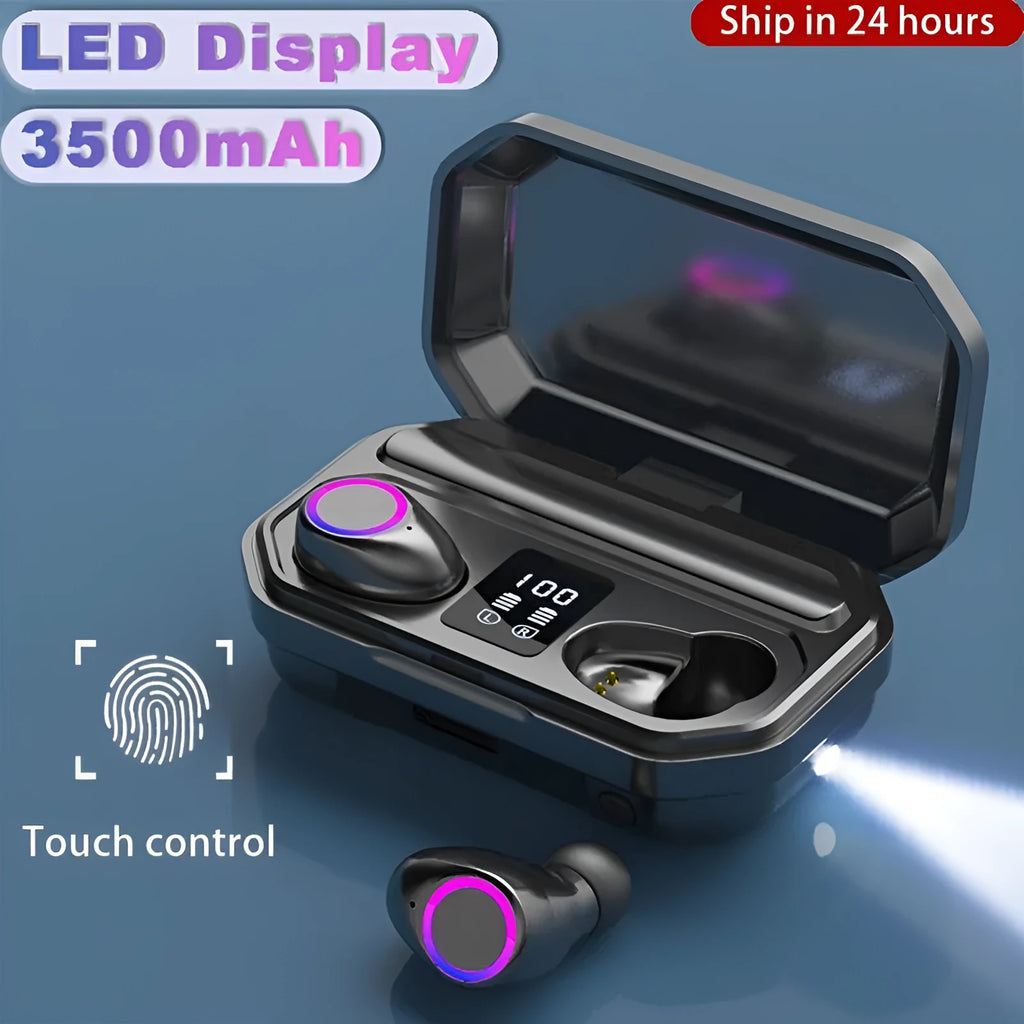 Wireless Bluetooth headset with LED power display showing battery level in charging case