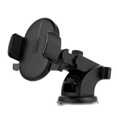 Yellow car phone holder with telescopic arm and suction cup mount on textured dashboard