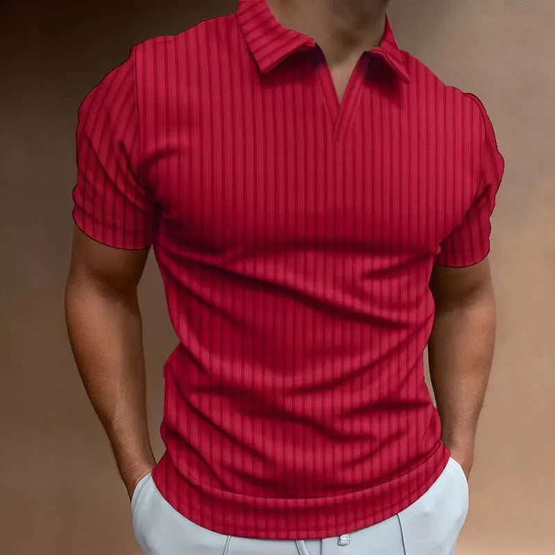Men's striped V-neck polo shirt in high elastic cotton blend fabric for summer sports wear