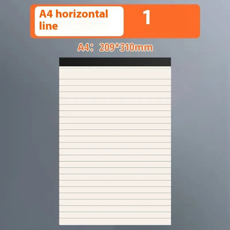 Set of writing pads in A5, B5, and A4 sizes showing blank, grid, and horizontal line page rulings.