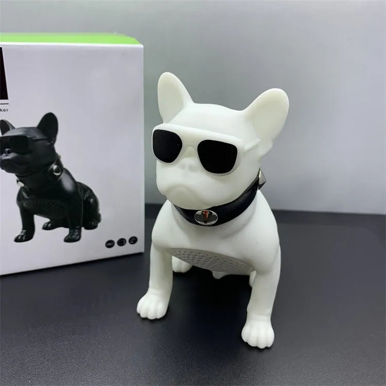 Mini bulldog-shaped Bluetooth speaker in black, red or white colours with wireless audio functionality