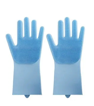 Blue silicone scrubbing gloves showing textured palm and finger surfaces for cleaning
