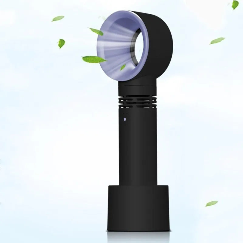 Compact portable bladeless desk fan with USB cable and base, shown in blue.