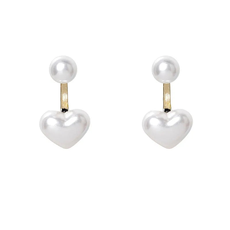 Women's heart-shaped pearl stud earrings with alloy construction and electroplated finish