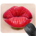 Red lips patterned rubber mouse pad on a wooden desk, 240mm by 200mm.