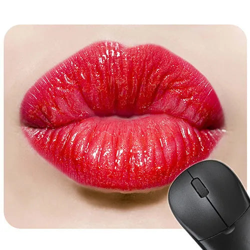 Red lips patterned rubber mouse pad on a wooden desk, 240mm by 200mm.
