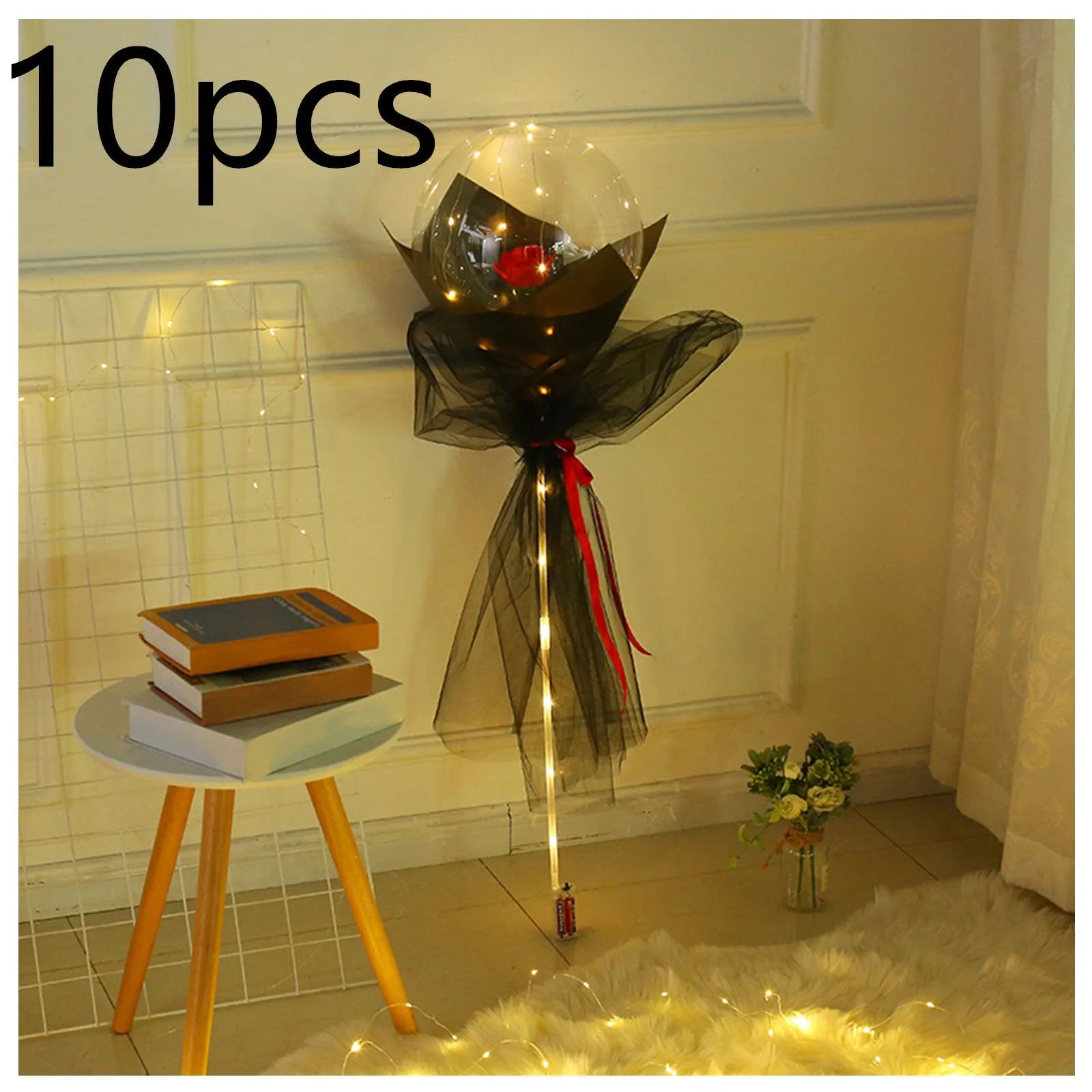 Transparent round LED luminous balloon rose bouquet with artificial flower and lights for DIY assembly