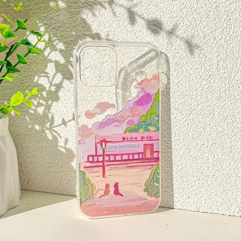 iPhone mobile phone case with soft silicone construction and colourful two cat cartoon design on back