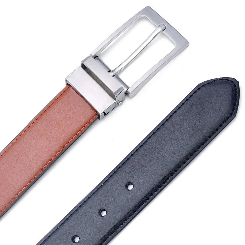 Men's dark brown and black genuine leather belt with a rotating alloy pin buckle