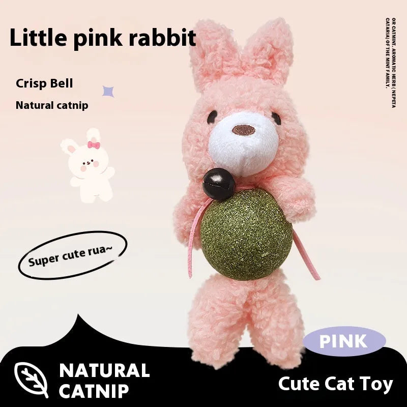 Plush catnip toy shaped like an animal with a separate mint ball, showing brown bear design