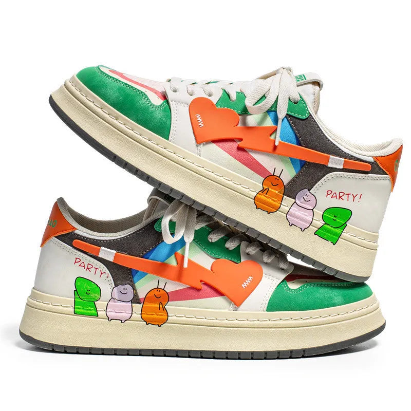 Casual lace-up sneakers in rainbow, white blue, and white rice colours with wear-resistant soles