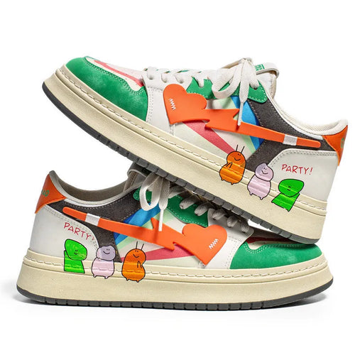 Casual lace-up sneakers in rainbow, white blue, and white rice colours with wear-resistant soles