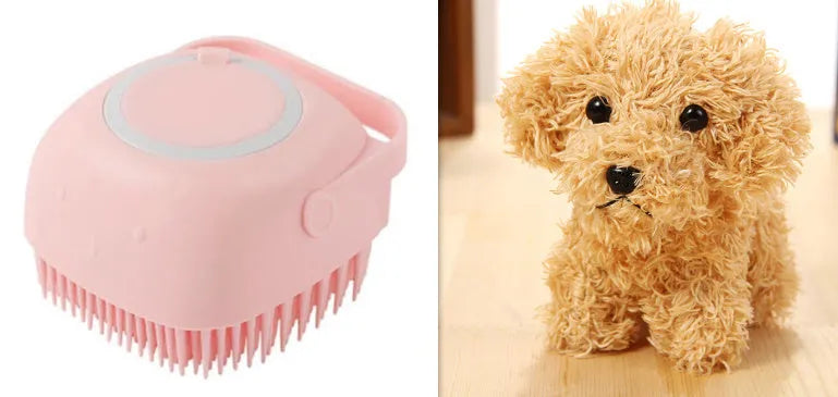 Blue silicone dog bath brush with handle for pet washing and massage during grooming