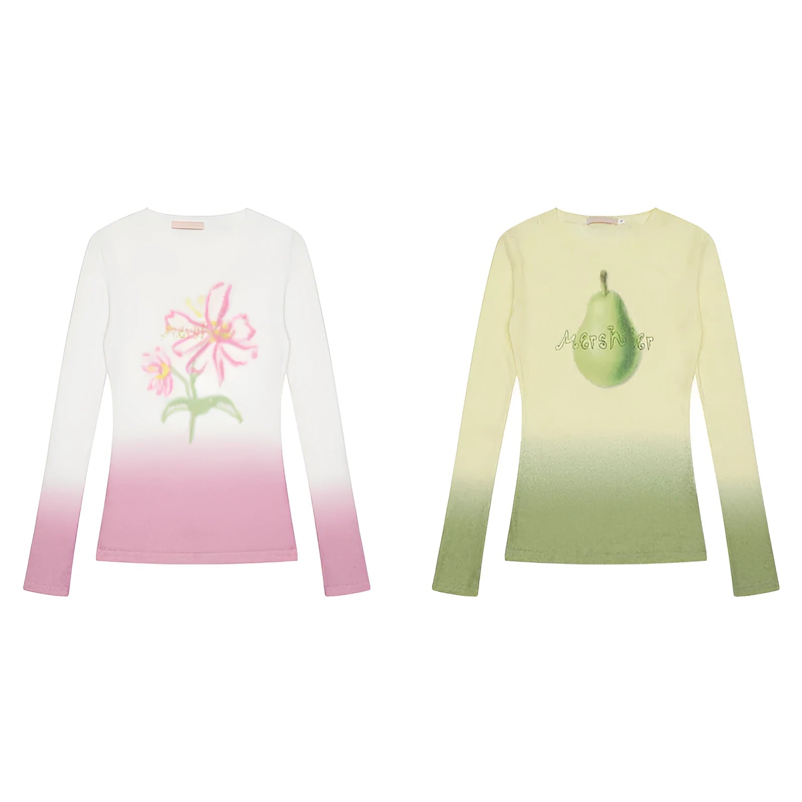 Women's yellow green gradient flower print long sleeve t-shirt made from thin polyester fabric.