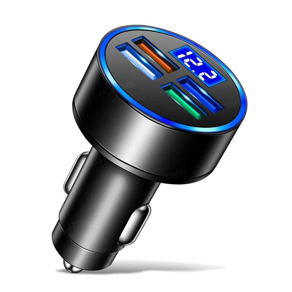 Black multi-port car USB charger with four ports and cigarette lighter plug for vehicle power outlet