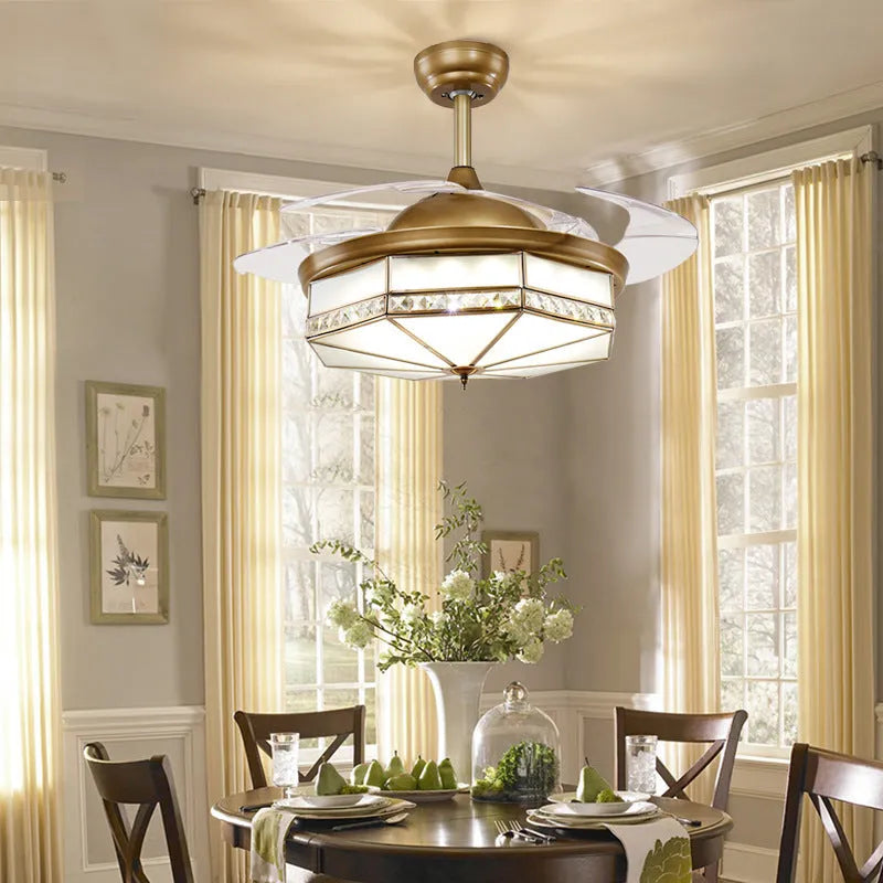 Gold 42-inch ceiling fan light with invisible blades and remote control