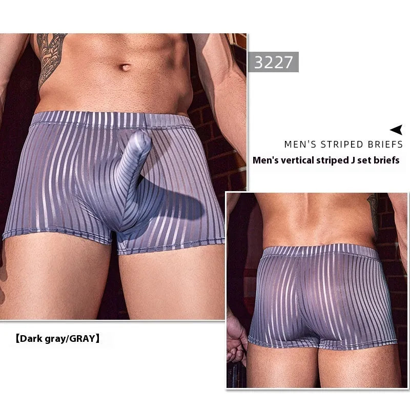 Men's striped nylon boxer briefs underwear in black colour showing vertical pattern and elastic waistband