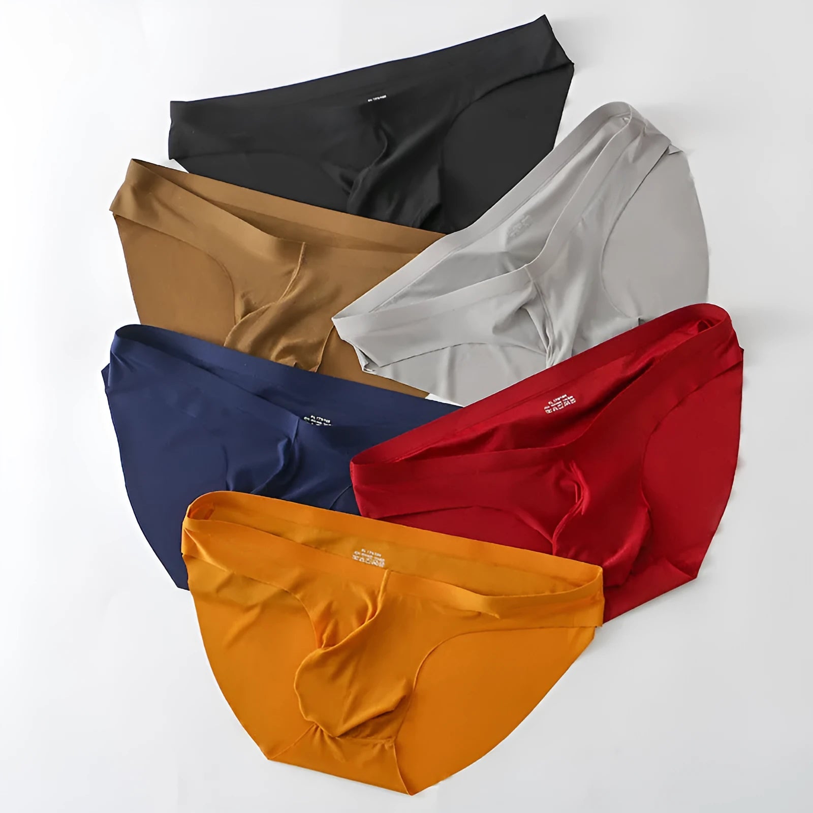 Men's seamless ice silk briefs in multiple colours showing bullet pouch separation design