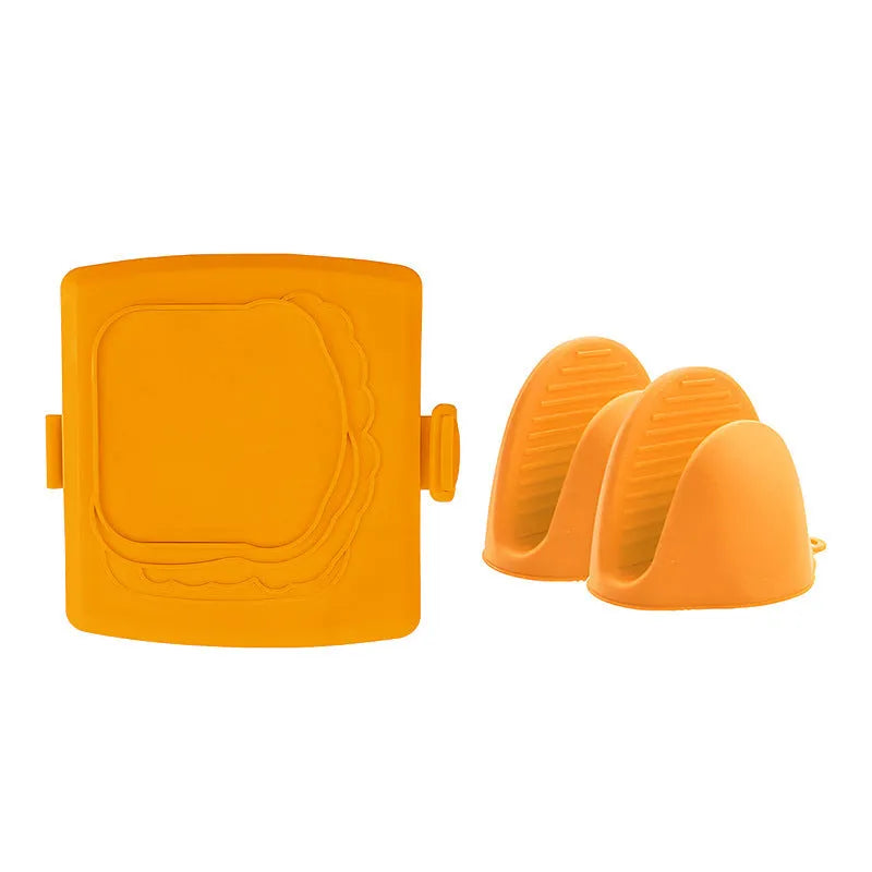 Red silicone baking tray with hand clamp attachment showing anti-scald design