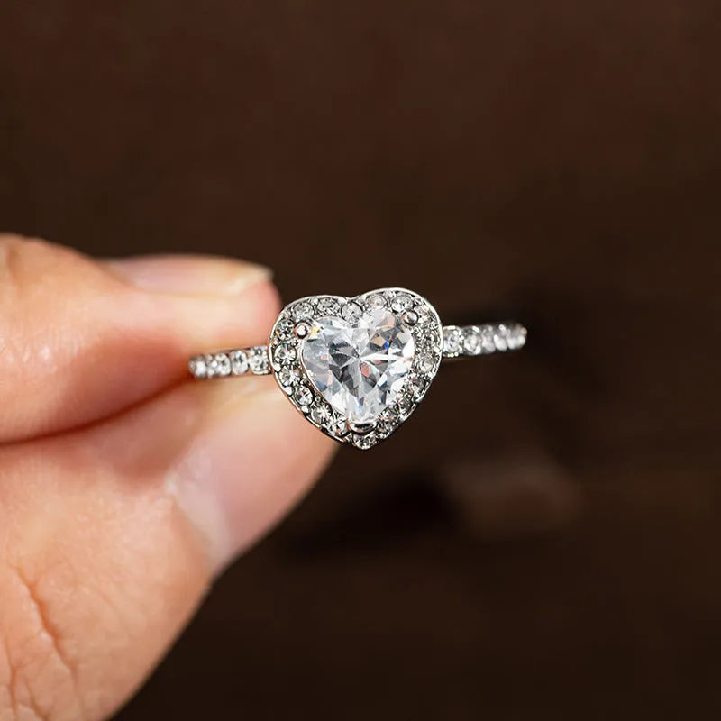 Heart-shaped crystal women's wedding ring with rose gold or silvery electroplated finish