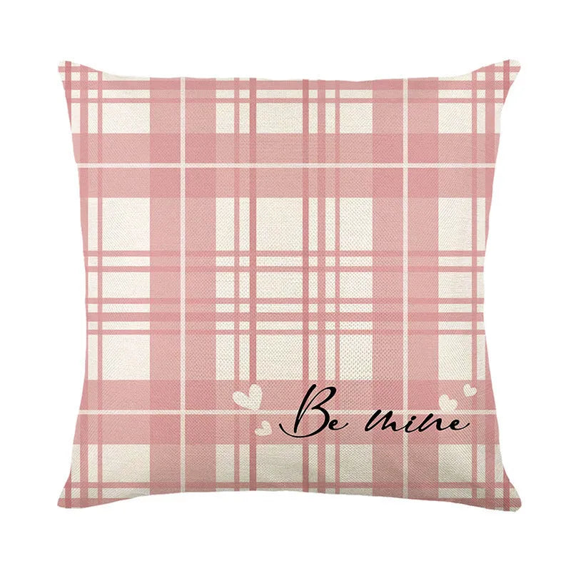 Red and white plaid heart pattern printed on a square 45x45cm decorative pillow cover.