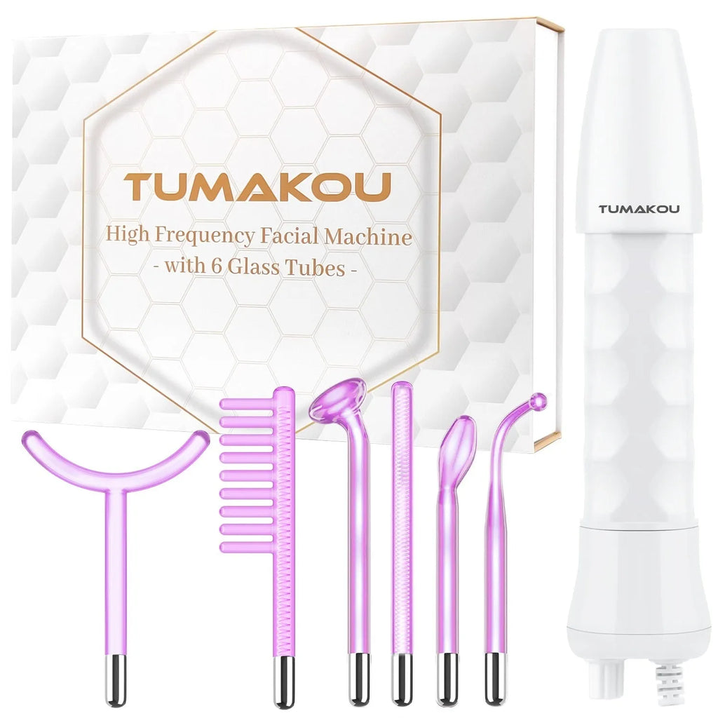 Purple high-frequency electrotherapy rod with six accessory heads for professional skin rejuvenation treatments