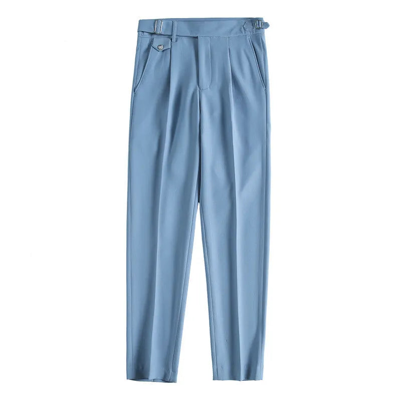 Men's straight-leg casual trousers in polyester fabric showing multiple solid colour options