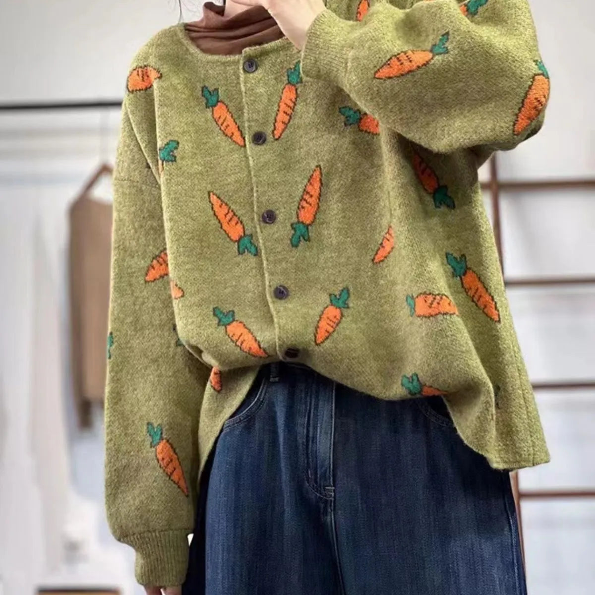 Women's loose artistic print viscose cardigan sweater with colour contrast design