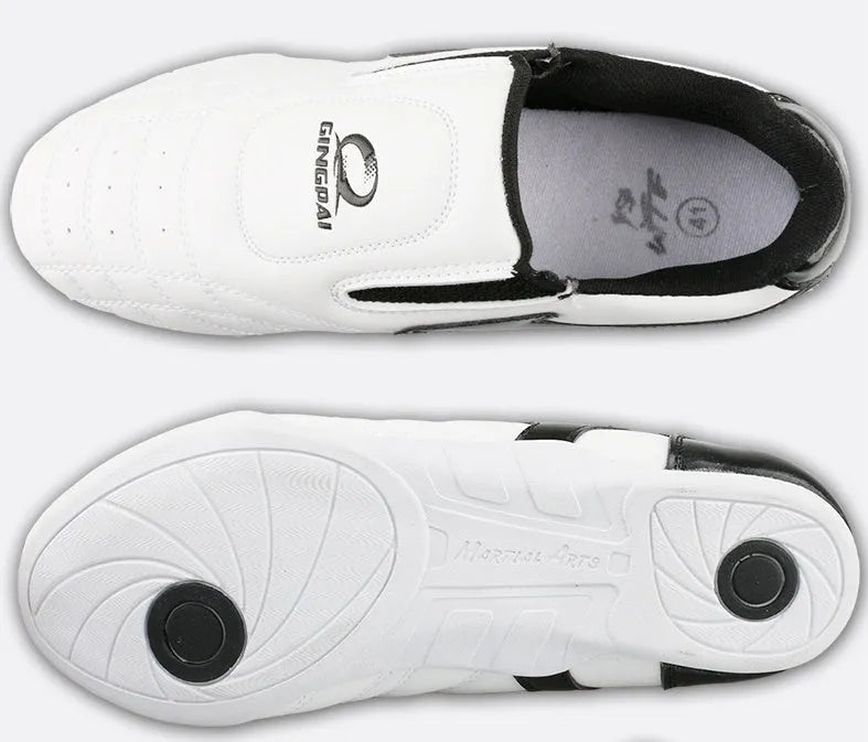 Black and white children's PU martial arts training shoes with soft sole for Taekwondo and Sanda.