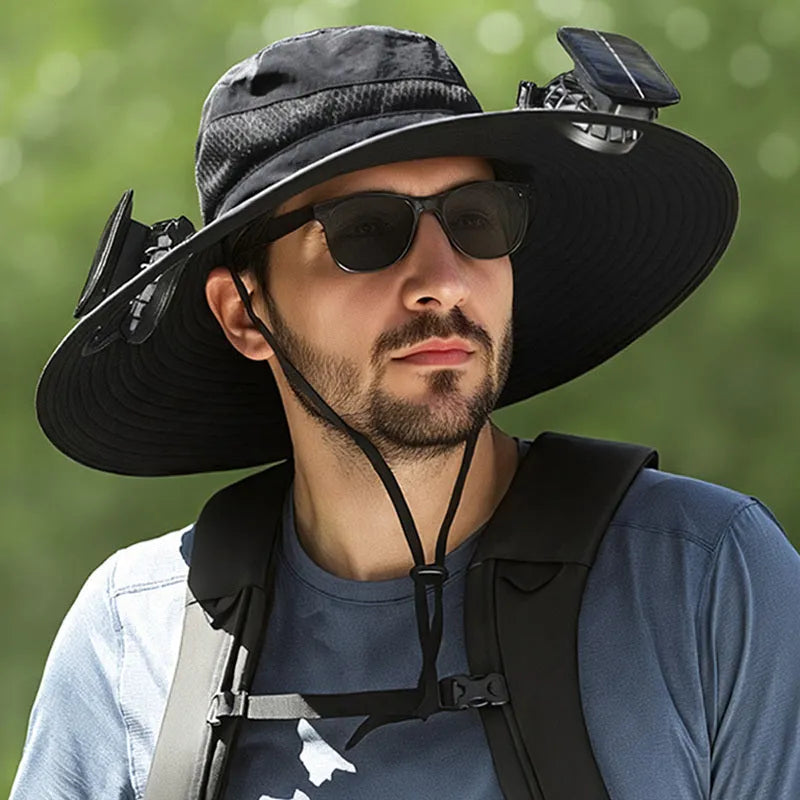 Men's grey solar-powered fan hat with integrated cooling fan and wide brim for sun protection.
