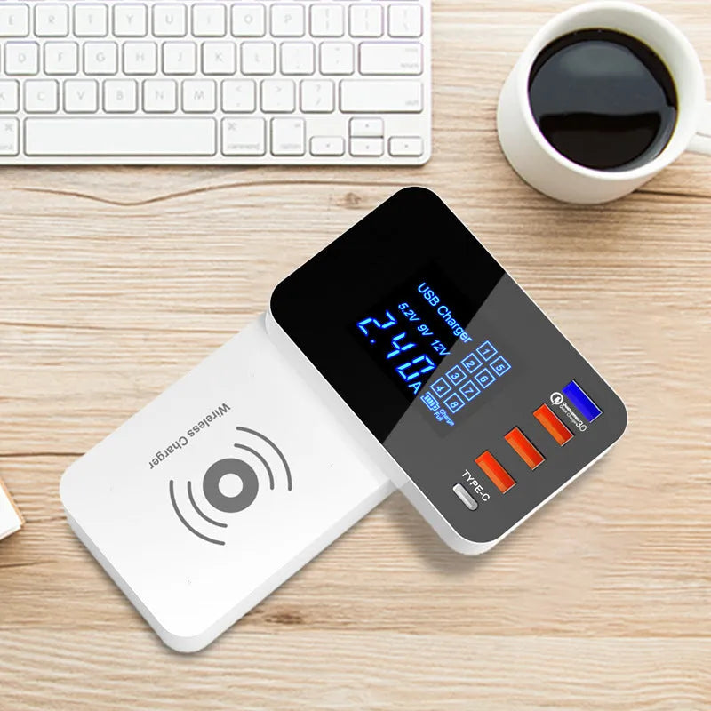 White multi USB port wireless fast charger with international plugs and 1.5 metre cable