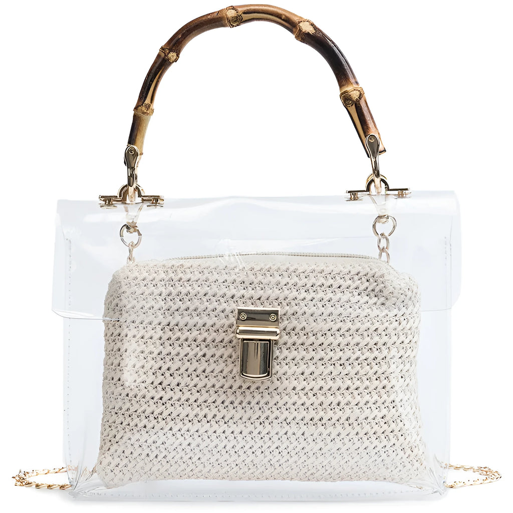 Bamboo knot woven women's shoulder bag in khaki with chain accent and hasp closure on white background