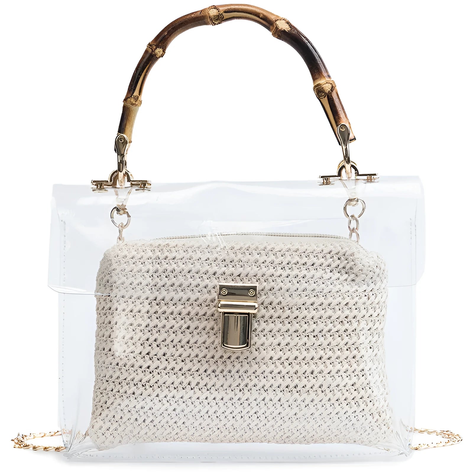 Bamboo knot woven women's shoulder bag in khaki with chain accent and hasp closure on white background