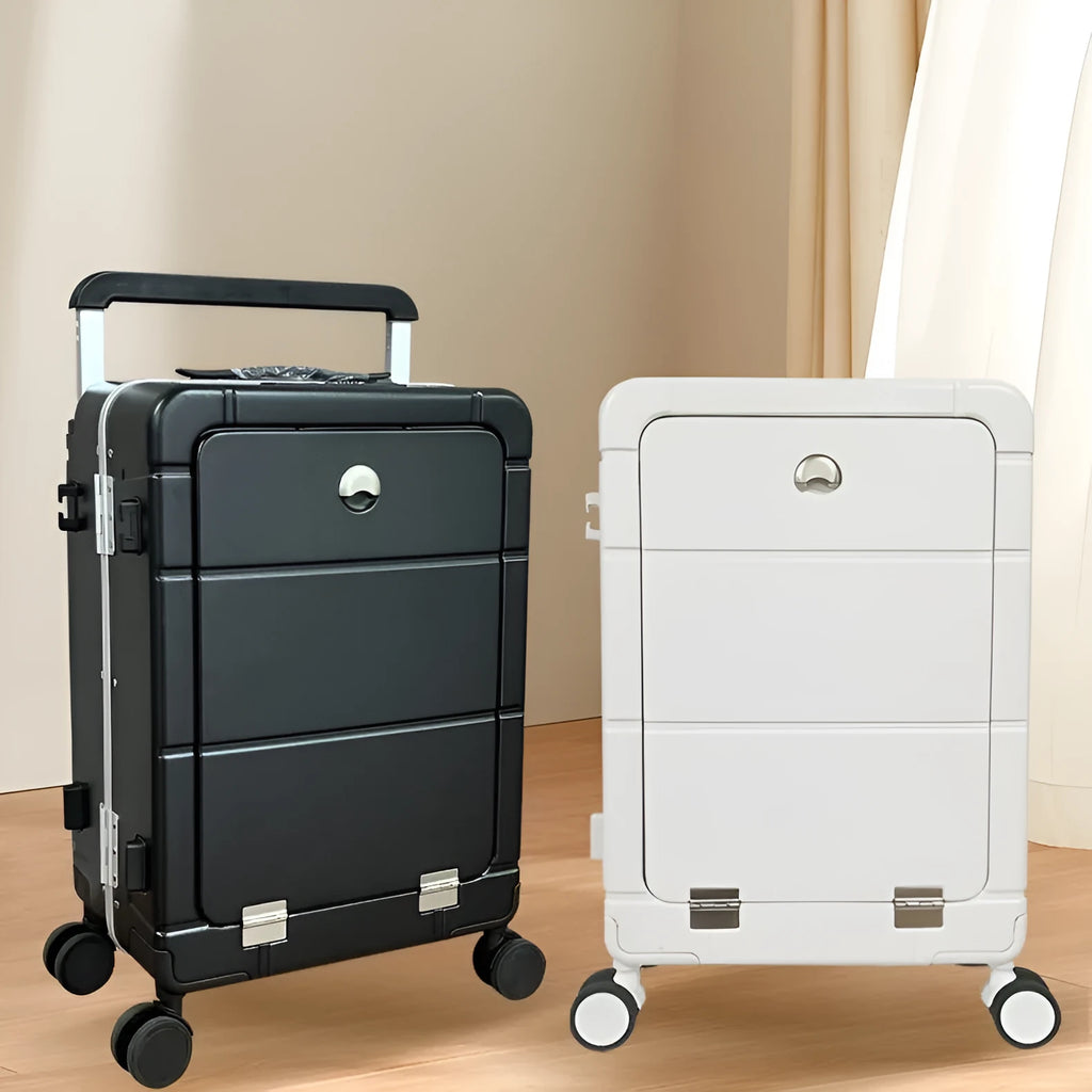 Front opening 20-inch cabin suitcase in titanium silver colour showing separate compartment and universal wheels