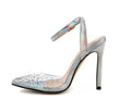 Women's pointed toe stiletto sandals with diamond detail on the PVC upper.