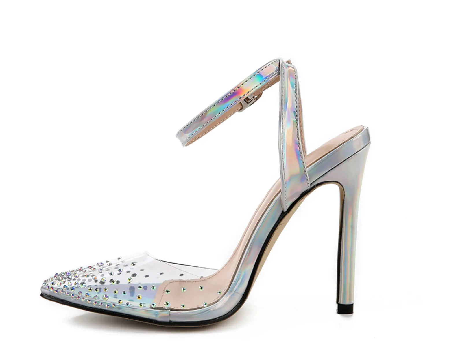 Women's pointed toe stiletto sandals with diamond detail on the PVC upper.